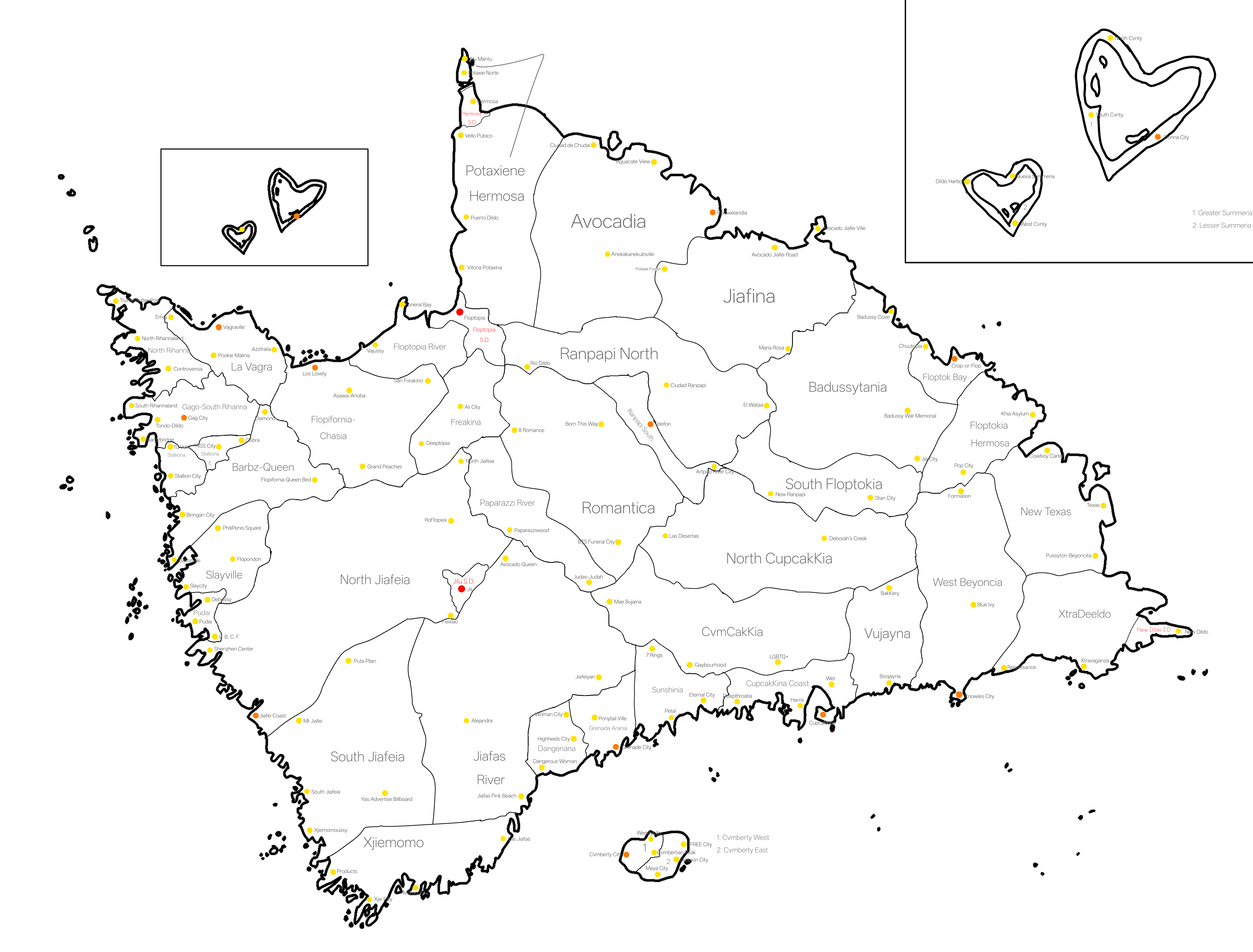 Official reference map of Floptropica showing states, districts, cities, and special districts